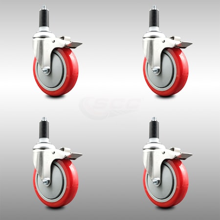Service Caster 5 Inch 316SS Red Poly Swivel 1-3/8 Inch Expanding Stem Caster Set Lock Brake SCC-SS316TTLEX20S514-PPUB-RED-138-4